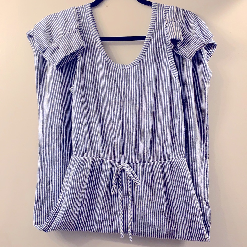 White & blue caution to the wind brand sleeveless jumpsuit.